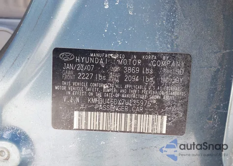 2007 Hyundai Elantra Gls/Limited/Se z USA, uszkodzony, nr VIN KMHDU46DX7U135976